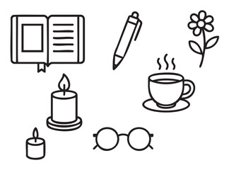 Collection of minimalist black line art icons representing cozy self-care activities like journaling, reading, and drinking a hot beverage