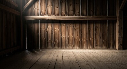 Rustic wooden interior with light streaming in; boards and beams visible