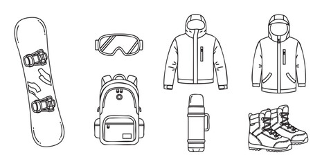 Fototapeta premium Minimalist line art collection of essential snowboarding gear, including a board, goggles, winter jacket, boots, backpack, and thermos