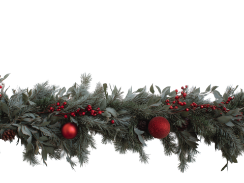 Garland of Christmas tree and berries and red balls isolated on transparent or white background, png