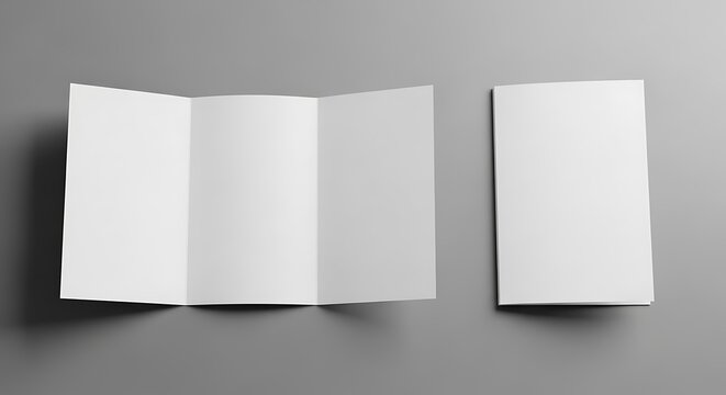 Top view of two blank white paper brochures, one closed and one open trifold, offering ample copy space on a grey background