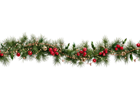 Christmas tree and berry garland isolated on transparent or white background, png - Powered by Adobe