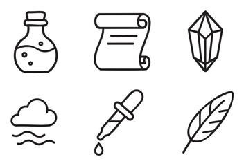 Fototapeta premium Collection of minimalist black line art icons representing magic and alchemy, featuring a potion, scroll, crystal, feather, dropper, and fog symbol