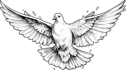 Obraz premium Majestic white dove in flight illustration with wings spread, a symbol of peace, freedom, and hope. Detailed hand-drawn black and white graphic design.