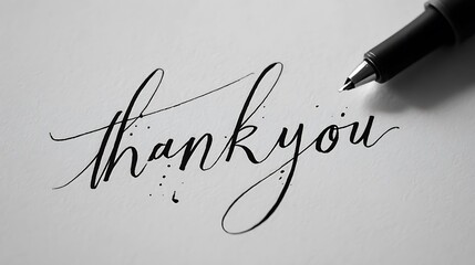 Elegant handwritten &ldquo;thank you&rdquo; calligraphy in flowing cursive on clean white background