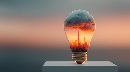 light bulb containing cityscape, green and gray color palette, abstract flat design, soft lighting,