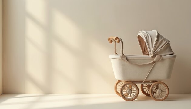 Luxury baby carriage in cream color stands in minimalist beige room. Elegant pram with wooden wheels, handle. Modern pushchair for newborn infant in stylish interior design setting. Space for text,