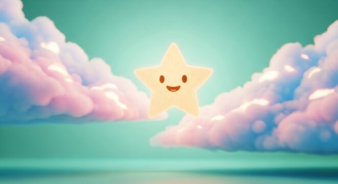 Smiling star floats amidst pink clouds on a teal dreamscape backdrop - Powered by Adobe