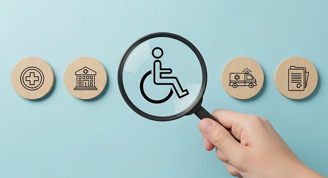 Magnifying glass focusing on wheelchair symbol amidst healthcare icons