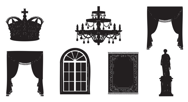 Set of regal and vintage interior design elements shown as black vector silhouettes, including a crown, chandelier, window, rug, and statue