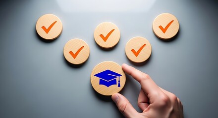 Hand placing graduation cap token among completed tasks on gray surface