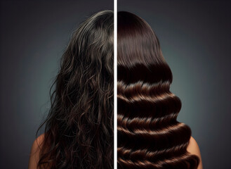 Side-by-side comparison of female hair before and after treatment: left side shows frizzy, dry strands with split ends, right side displays shiny, healthy, hair. Before after hairdresser