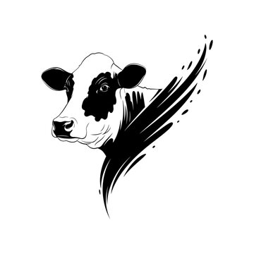 Hand drawn black and white cow head with expressive brush strokes for a rustic farm feel