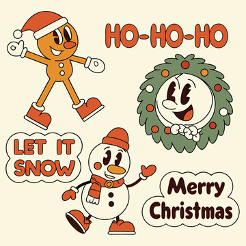 Retro cartoon Christmas characters and text set with a gingerbread man, snowman, wreath, and "HO-HO-HO", "LET IT SNOW", "Merry Christmas" phrases