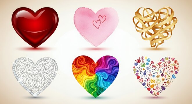 Various heart designs displayed on a light background