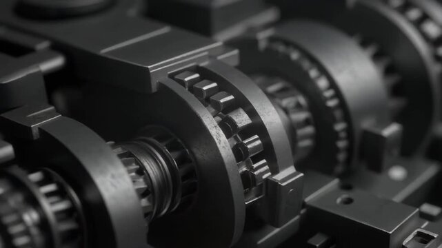 Industrial Gears and Cogs in Motion: An intricate display of precision engineering with a close-up view of interlocking gears and cogs, their metallic surfaces reflecting the industrial complexity
