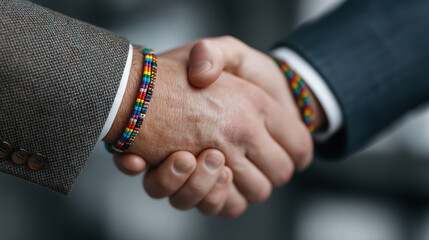 Close up of two business professionals shaking hands wearing rainbow pride bracelets in office