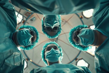 Portrait of surgeon wearing scrubs and protective glasses in hospital operating theater. Neural network ai generated art