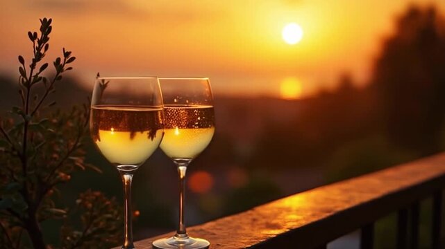 Copas de vino blanco al atardecer en balc&oacute;n