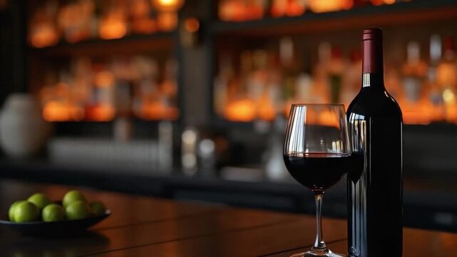 Copa y botella de vino tinto sobre barra de bar con ambiente c&aacute;lido