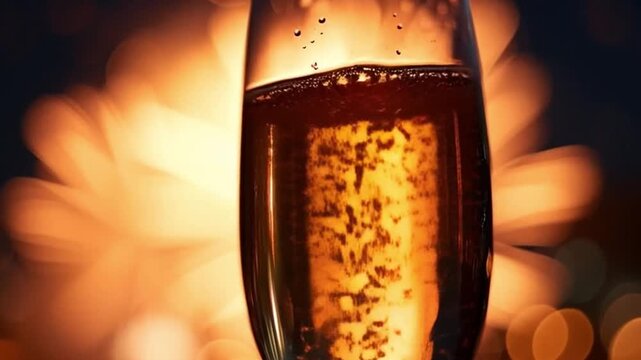 Copa de champagne con fuegos artificiales de fondo en celebraci&oacute;n nocturna
