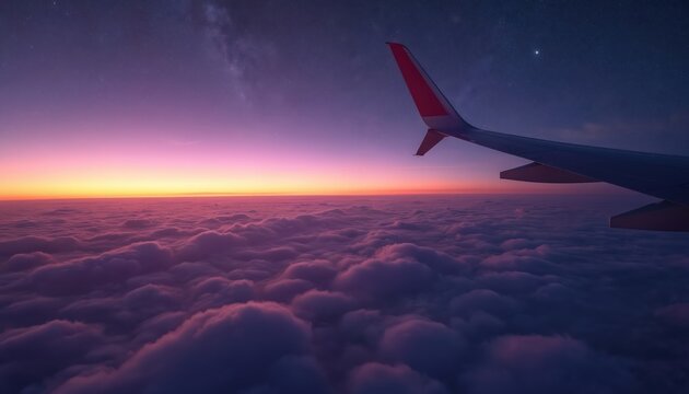 Airplane wing at scenic sunset above clouds with stars. Air travel during twilight shows skyline from plane window. Concept of freedom. Dreamy view during flight above fluffy clouds.