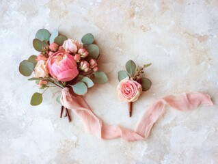 Pink Rose Boutonniere with Ribbon and Greenery