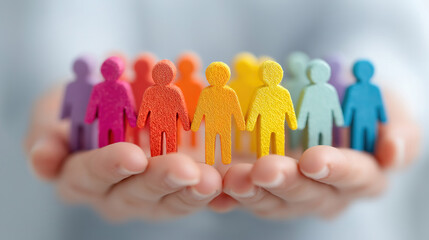 Hand holding diverse ragdoll figures showing workplace diversity inclusion and teamwork