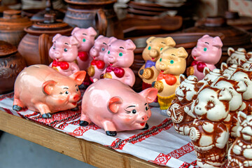A bunch of small pigs sitting on top of a table
