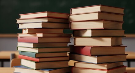 Fototapeta premium Stacked books on a desk in a classroom with chalkboard backdrop