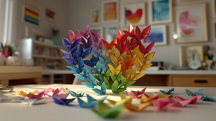 Origami heart and rainbow butterflies arranged on a bright office desk symbolizing inclusion