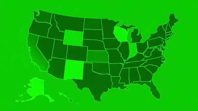 Green Screen map of united states america showing different animated usa contiguous lower 48 u s state on an isolated chroma key background scene 3 with distortion, overlay, glitch, static noise, scan