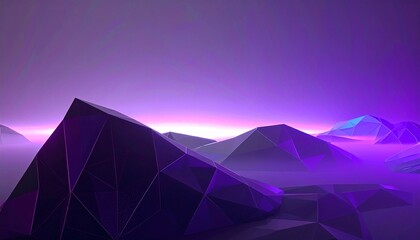Low poly mountains landscape with purple and violet colors, illuminated by a bright light source.