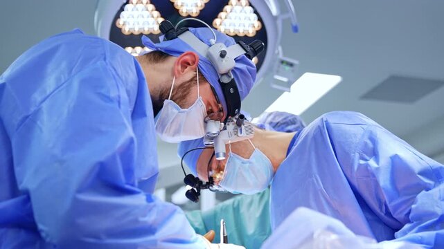 Surgeons wearing blue uniforms and surgical loupes leaned over the patient. Low angle view at the neurosurgeons cooperating at operation.
