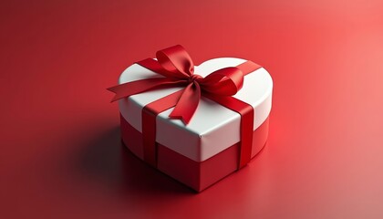 Heart-shaped gift box with red ribbon on red background