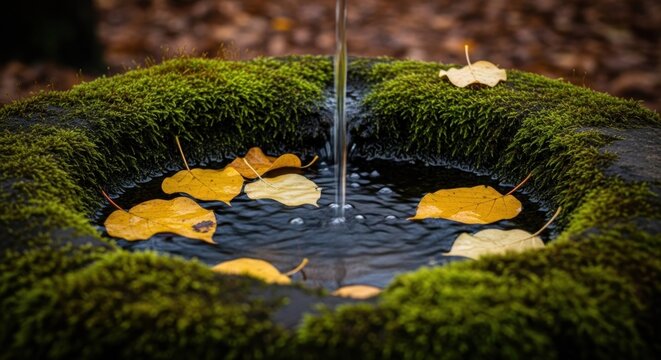 Stone fountain with moss and autumn leaves, water flowing - Powered by Adobe