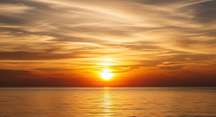 Stunning sunset over calm ocean, radiating warm light through cloudy sky