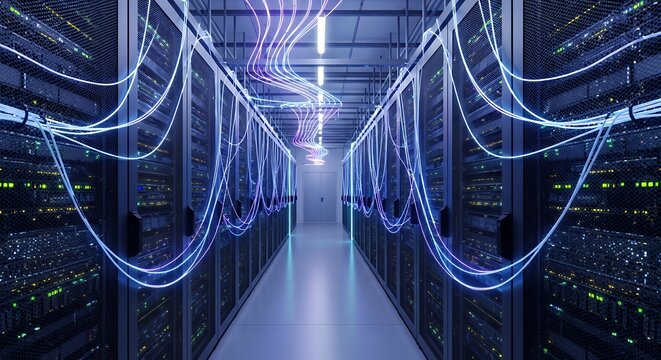Servers and cables in a data center hallway view