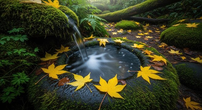 Stone basin with water, moss, and yellow maple leaves in a lush forest