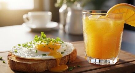 Sunny breakfast fried egg on toast & juice