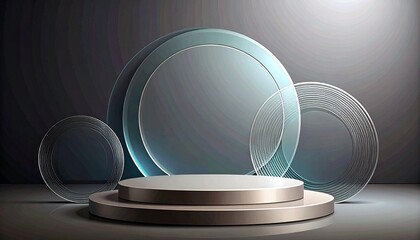 Elegant minimalist stage with circular glass elements against a dark backdrop.