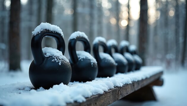 Black kettlebells covered in fresh snow rest on rustic wooden bench. Row of fitness weights sits ready in quiet winter forest during morning light. Cold scene suggests challenging outdoor training - Powered by Adobe