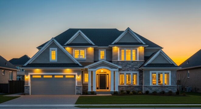 Suburban home at dusk, illuminated windows glowing in the twilight sky