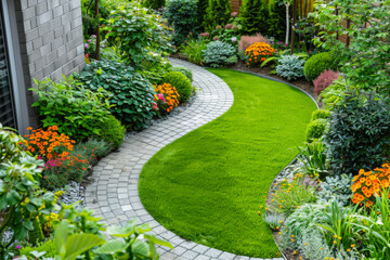 Lush Garden Pathway Curving Through Vibrant Flower Beds in a Peaceful Outdoor Space