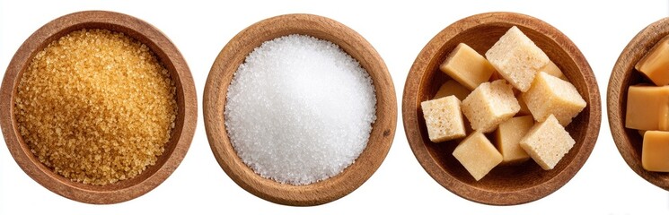 Wooden bowls filled with various granulated sweeteners
