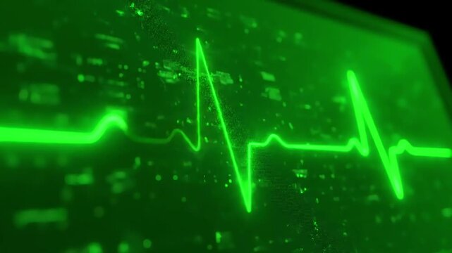 Green Screen 3d render heartbeat frequency on heart line monitor recording pulse scene 2 with distortion, overlay, glitch, static noise, scan lines black background, 4k animated video loop