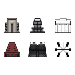 Obraz premium Collection of six stylized ancient architectural landmarks and structures