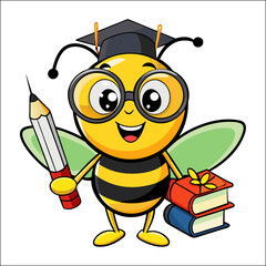Funny 3D cartoon bumble bee character flying happily with a book, isolated yellow insect illustration