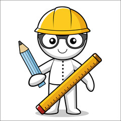 Cartoon construction worker character with hardhat, hammer, and pencil, safety illustration of builder at work