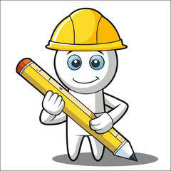 Cartoon builder character with yellow helmet and hammer for construction work